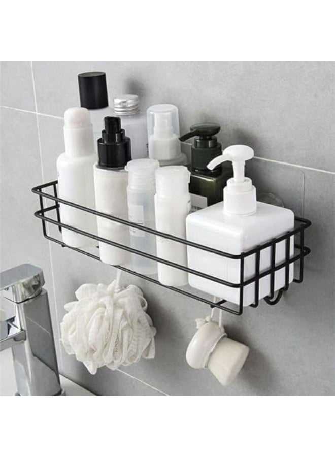 Bathroom Rack Shelf Metal Wall Storage with 4 Hooks, Multipurpose Bathroom Accessories, Towel Brush Holder, Spices Rack, Kitchen Organizer, Shampoo Organizer Rack, 2 Adhesive Hook (One Shelf) - Image 3